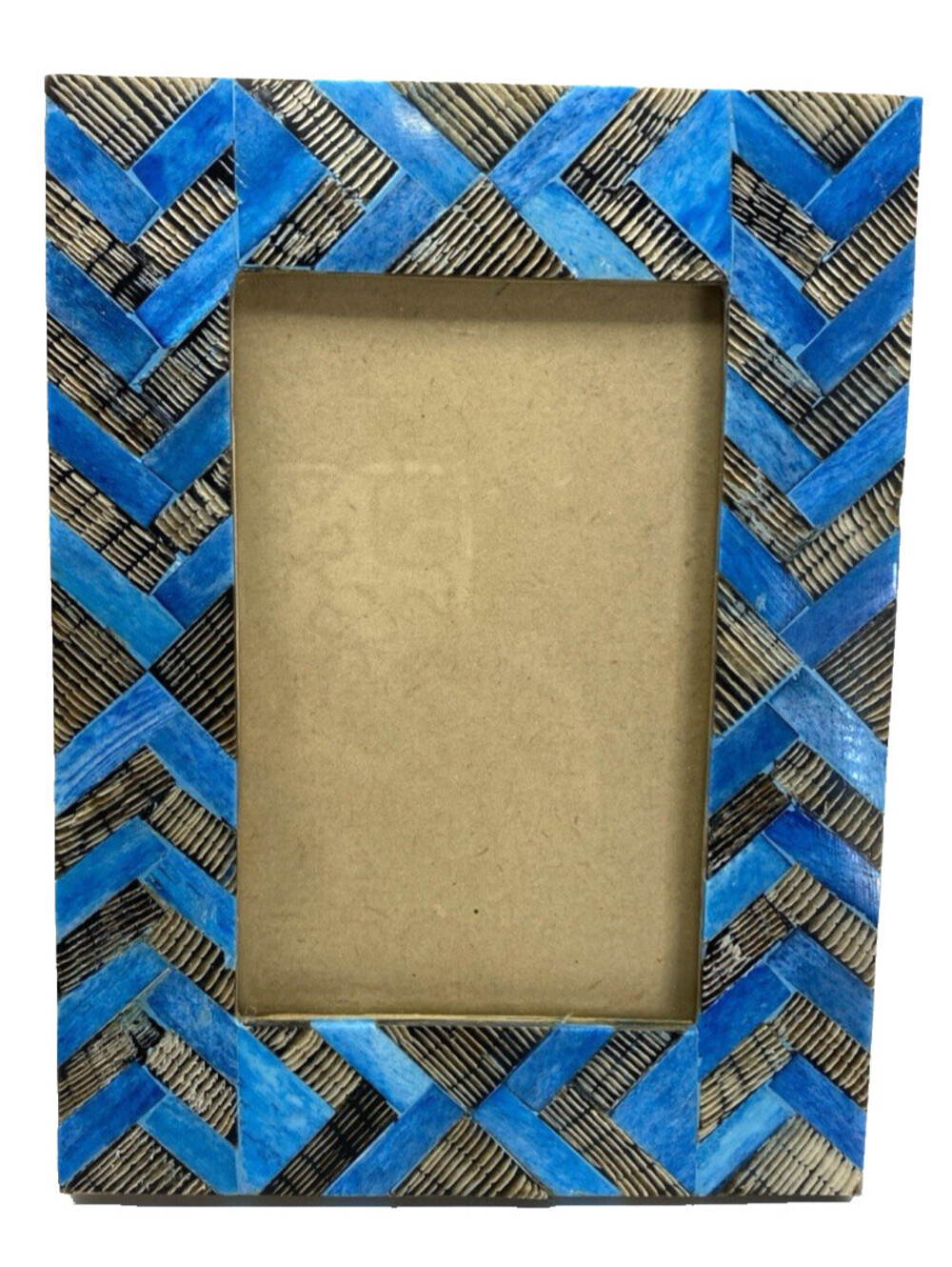 Modern Blue Bone Inlay Chevron Picture Frame 4x6 with Glass, Wooden Stand, 2014
